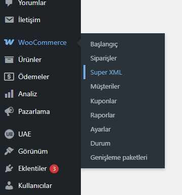 WordPress admin: WooCommerce menu with Super XML submenu