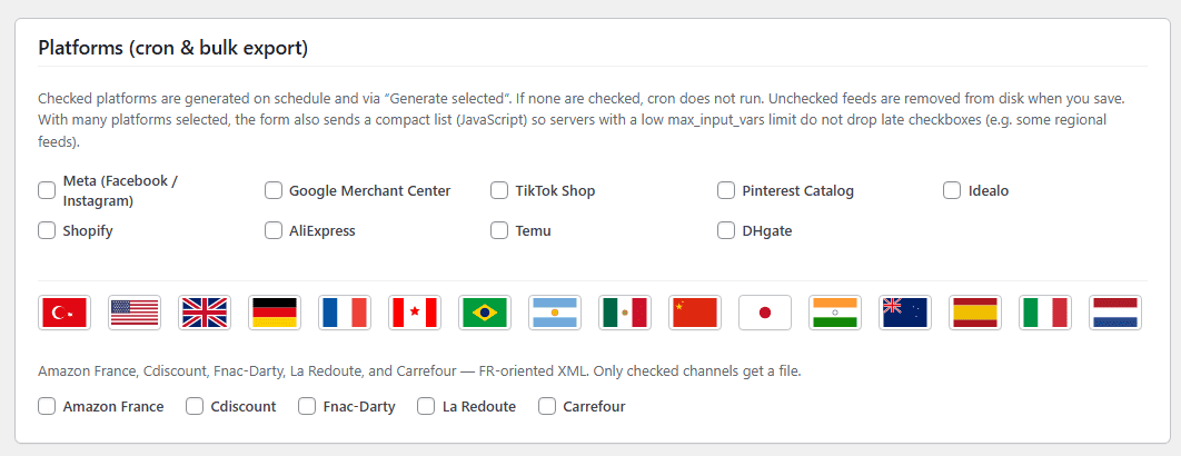 Platform checkboxes and regional flag accordions