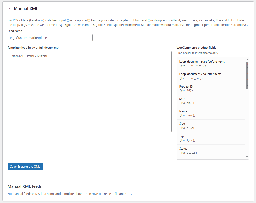 Manual XML expanded: template editor and field palette